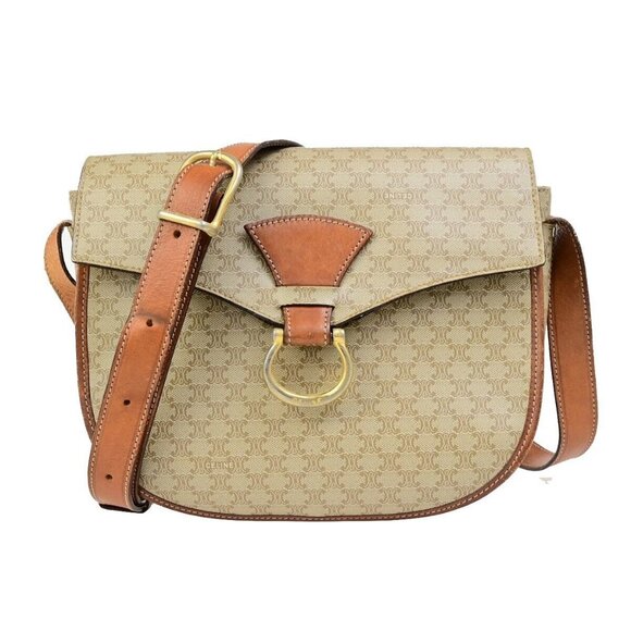 CELINE Logo Macadam Pattern Shoulder Bag PVC Leather Brown GHW Italy 63ED219 - Picture 1 of 16